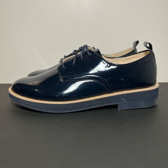 Womens ZARA Blucher Charol Navy Blue Patent Leather Lace Up Oxfords / Size 8 - Picture 3 of 9